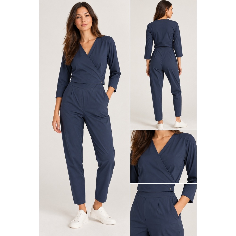 ADAY Destination Jumpsuit Navy Blue Medium Wrap Top Slim Leg Stretch OJL-NVY-06